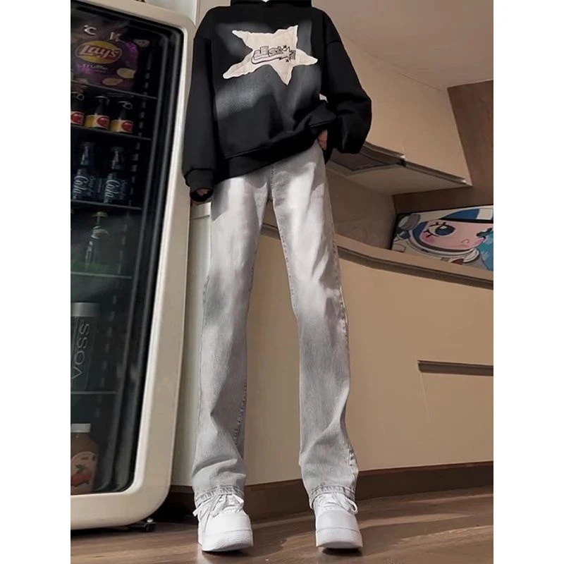 烟灰色微喇牛仔裤腰带男潮修身美式复古vibe裤子加长款窄版直筒裤