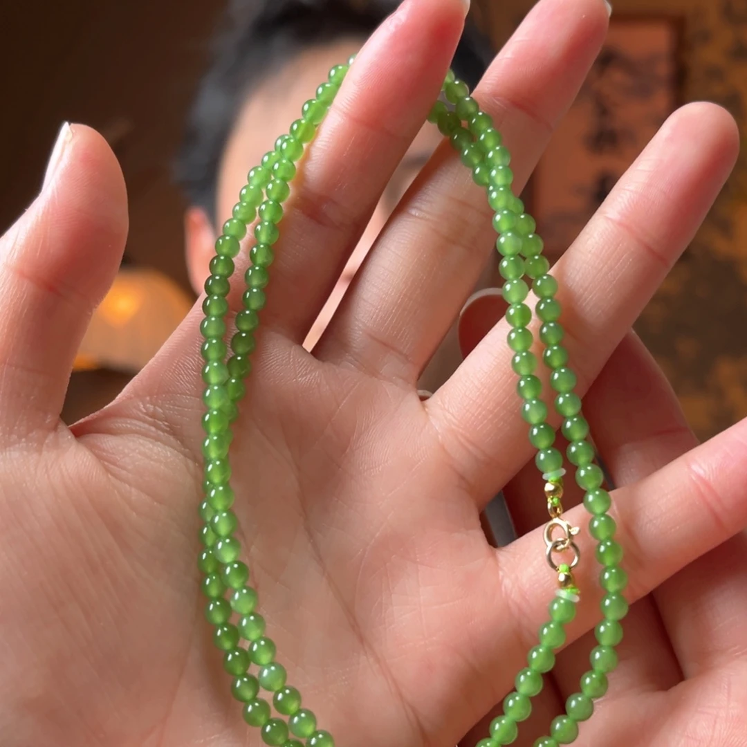 颈饰银S925镶嵌和田玉碧玉冰阳绿4mm500