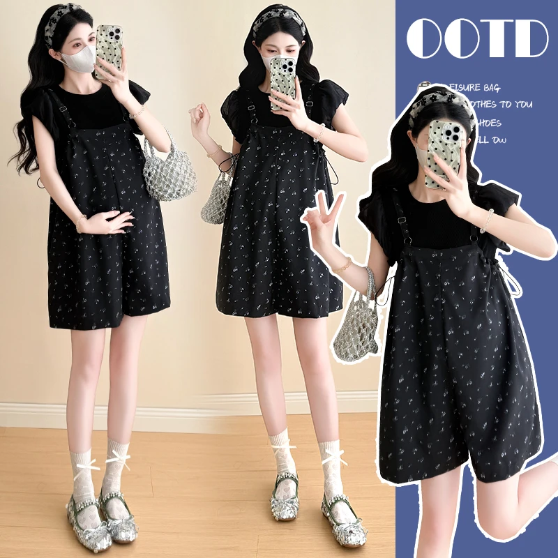 孕妇夏季新款纯色网纱袖短袖+碎花背带裤两件套孕妇装百搭显瘦