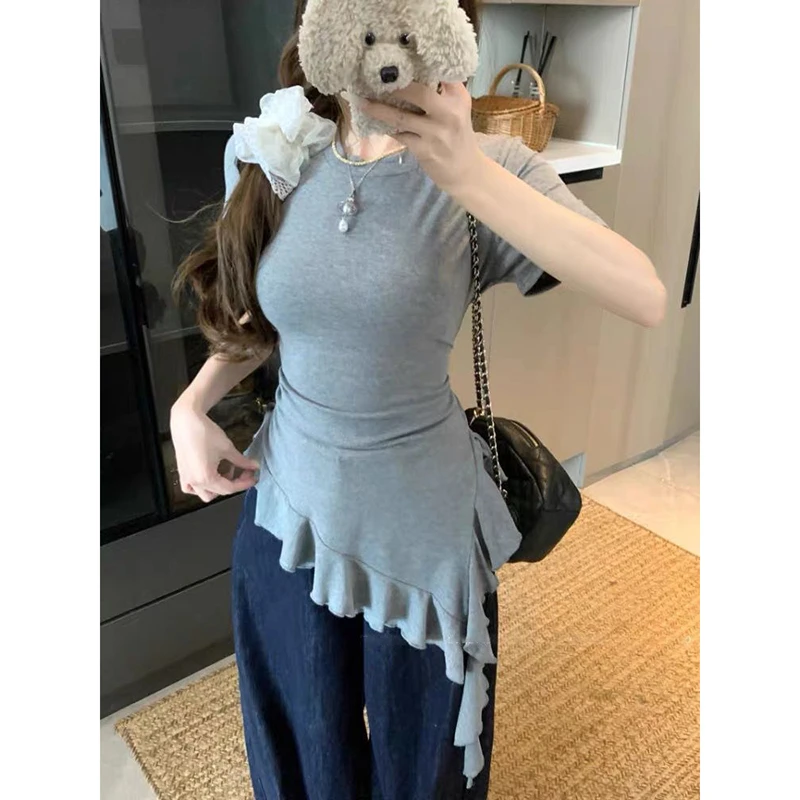 1002# 不规则荷叶边飘带短袖女t恤夏季设计感小众修身收腰上衣