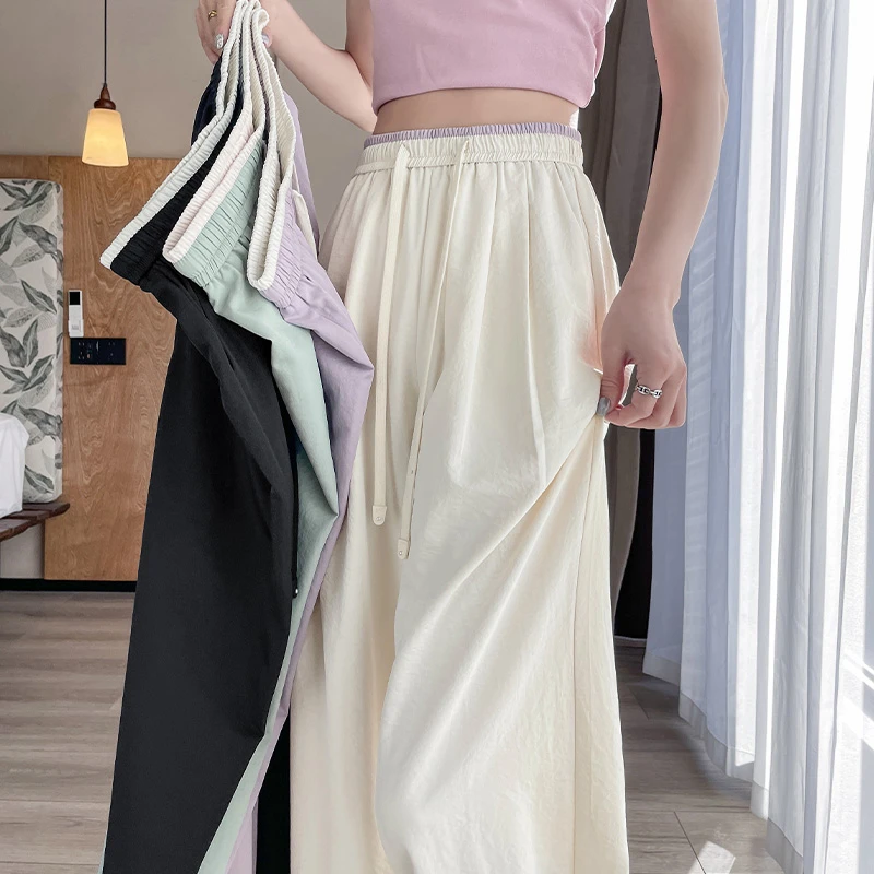 冰丝阔腿裤女夏季薄款2025新款宽松垂感休闲糯米冰感肌云柔泡芙裤