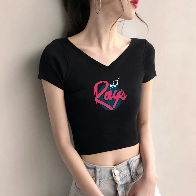 v领露脐洋气上衣女短款t恤短袖高腰性感紧身心机小众漏脐纯欲甜美