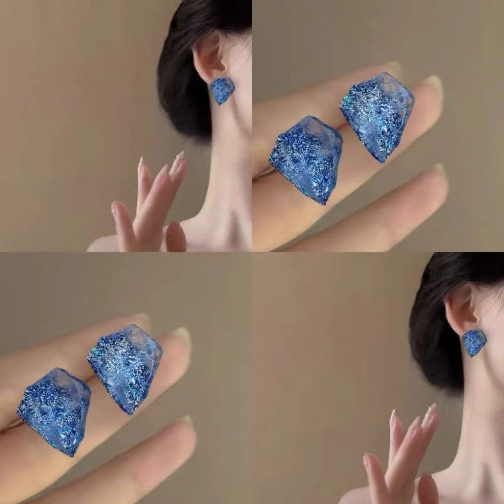 合金树脂耳饰 不规则蓝色冰晶耳钉！轻奢立体几何耳环气质耳饰耳环
