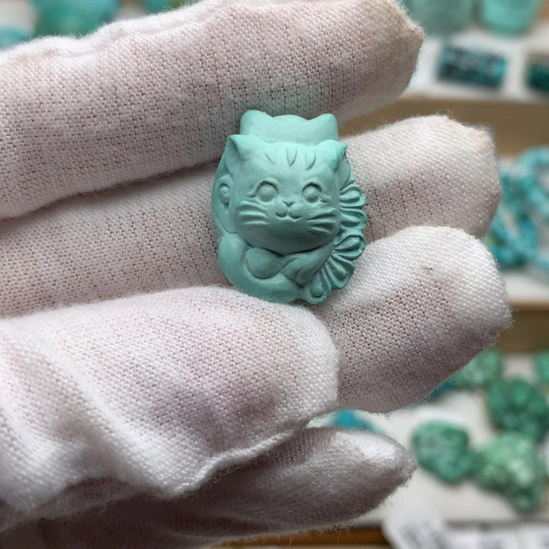绿松石未镶嵌珠宝奇石高瓷绿小猫17*20.9mm