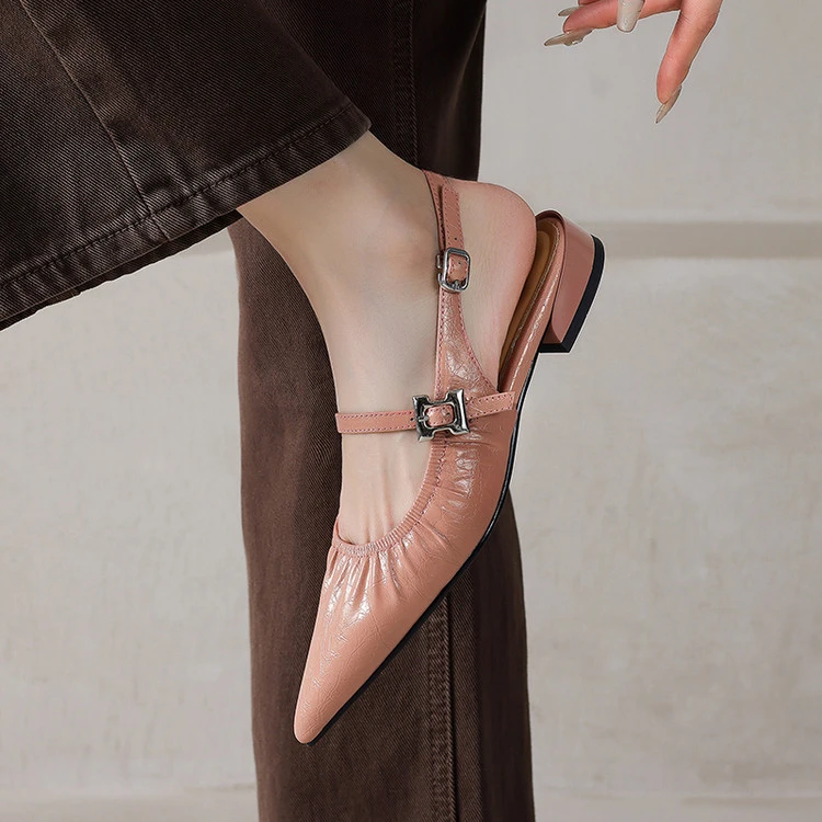 羊皮！气质褶皱一字带后空单鞋2025新款尖头平底包头凉鞋真皮