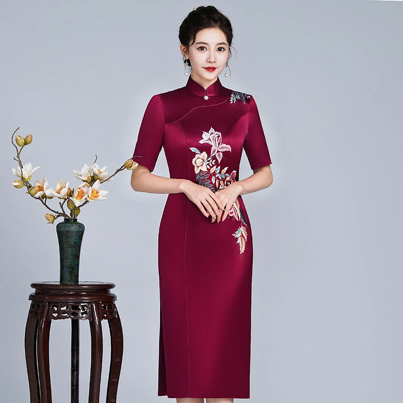 气质喜婆婆装高端醋酸旗袍2025年新款高贵妈妈婚宴礼服修身连衣裙