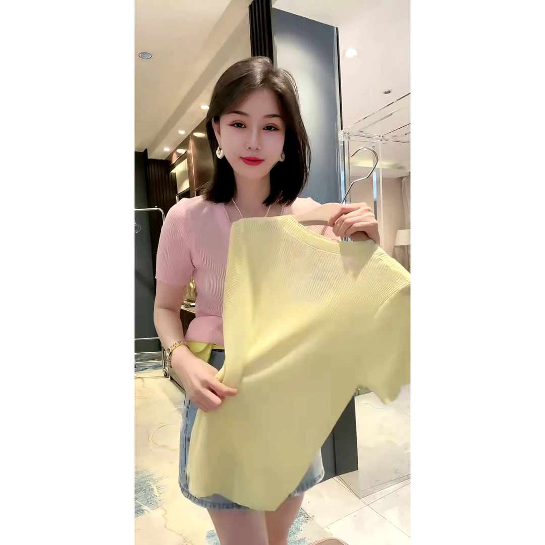 双层花边U型领彩色短袖针织打底衫夏季时尚百搭净版针织衫