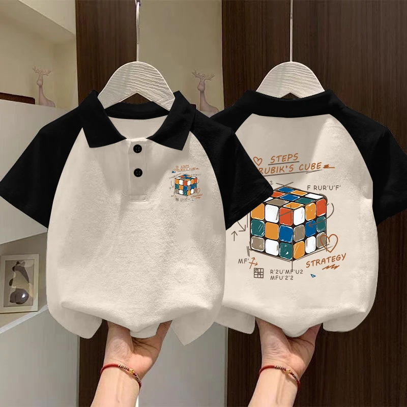 2025新款炫酷魔方印花男童女童POLO衫拼色短袖T恤夏季翻领k宽松薄