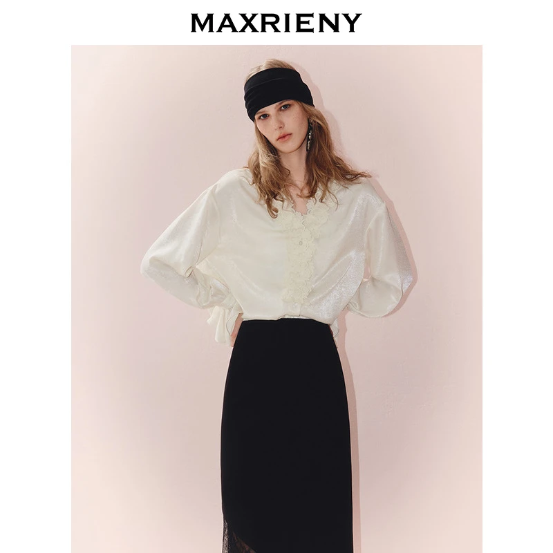 【早鸟提前购】MAXRIENY复古宫廷风v领衬衫女长袖蕾丝雪纺衫25秋