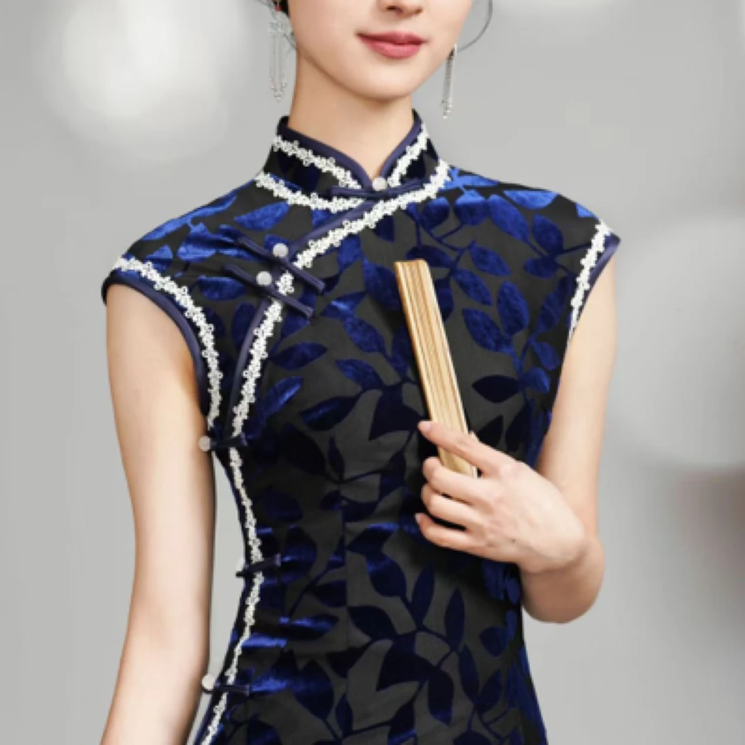 壹念蓝月光春夏新款复古修身蓝色日常修身年轻高级旗袍