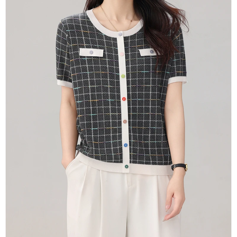 织博士ZBS-136 莱赛尔桑蚕丝肌理格纹小香风针织短袖