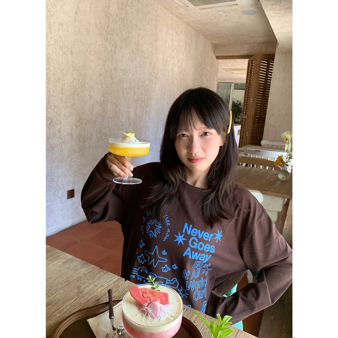 NIDEBLACK韩系少女发泡手绘图案字母圆领长袖T恤秋季宽松慵懒上衣