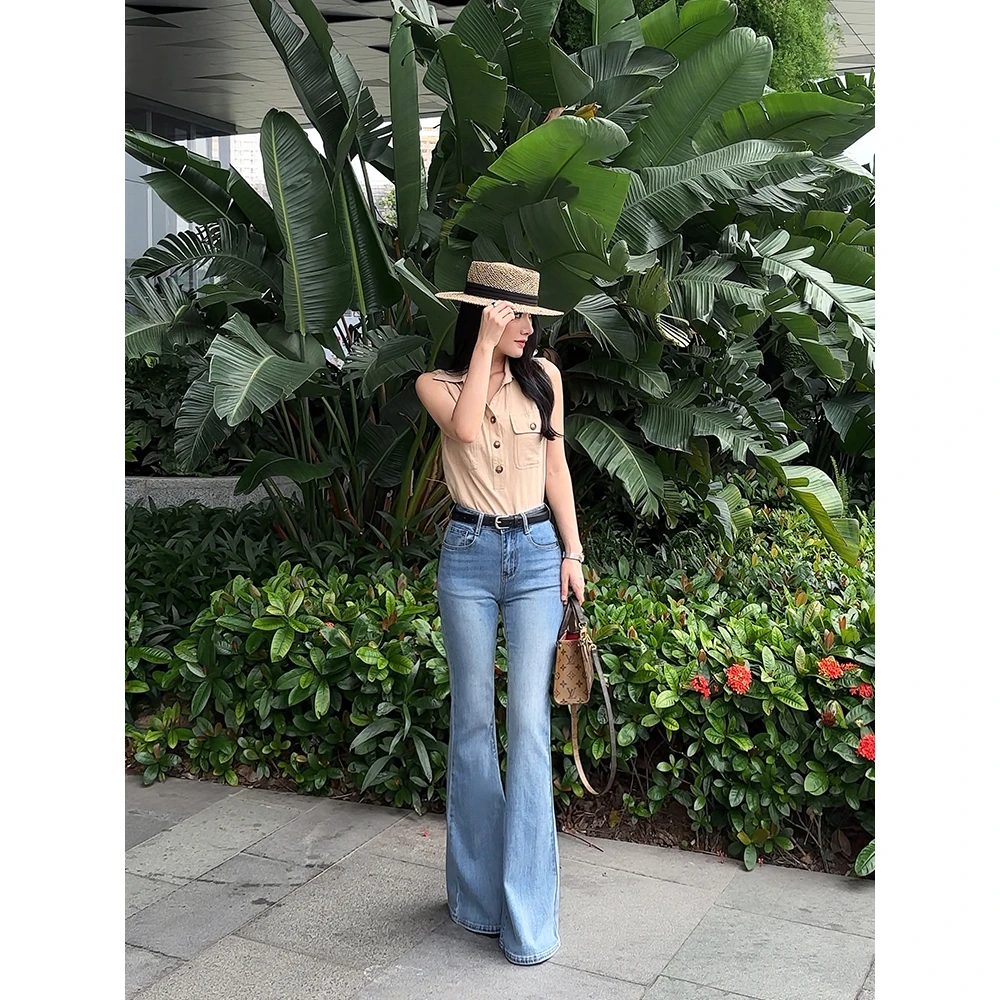 夏季微喇牛仔裤喇叭裤高腰复古浅蓝新款爆款有弹力长裤子女