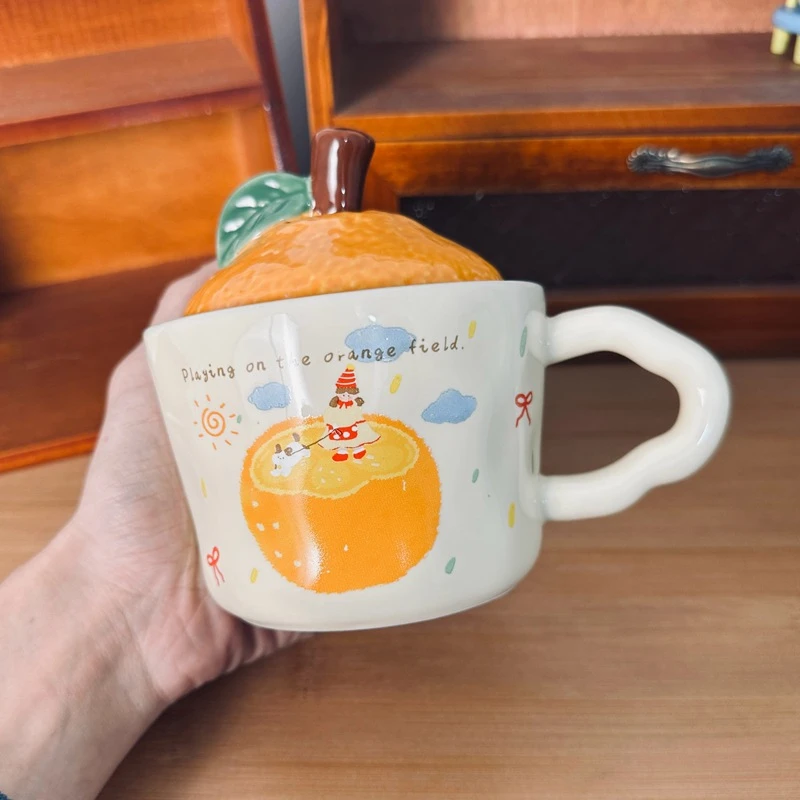 大吉大利橘子陶瓷杯带盖可爱猫咪马克杯新年礼物咖啡杯办公室水杯