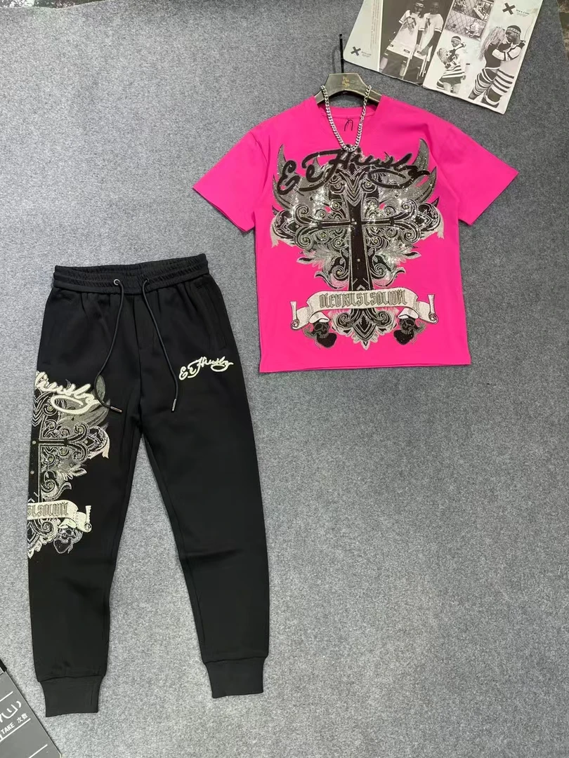 11892-11893春秋新款高端烫钻克家十字架半袖套装男女同款套装