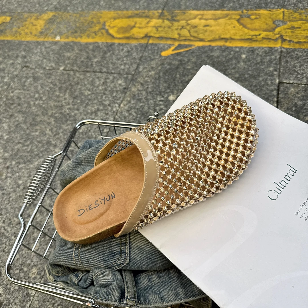 A06新款百搭平底包头拖鞋女夏季镂空闪钻舒适防滑休闲拖鞋软底