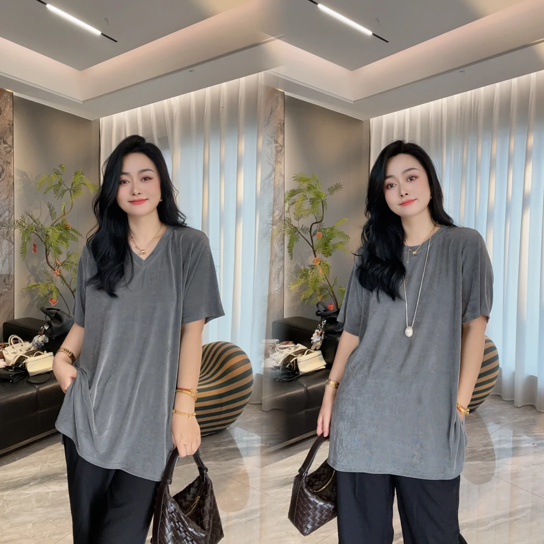 【现货】夏季大版波比中长款短袖五分袖透气女款宽松圆领V领T恤
