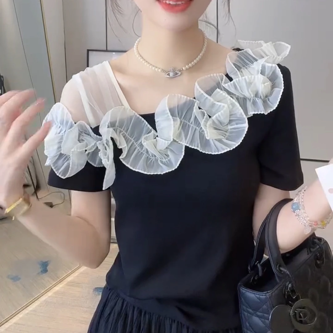 气质优雅名媛淑女风设计款洋气减龄上衣百搭夏季新款短袖女显瘦