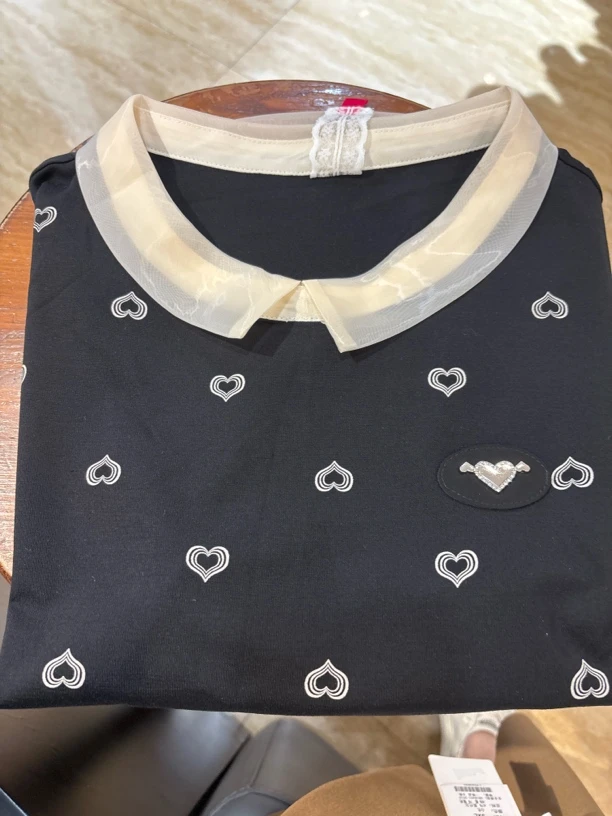 2025年夏季新款T恤卡通休闲时尚纯棉女士娃娃领印花黑色衫