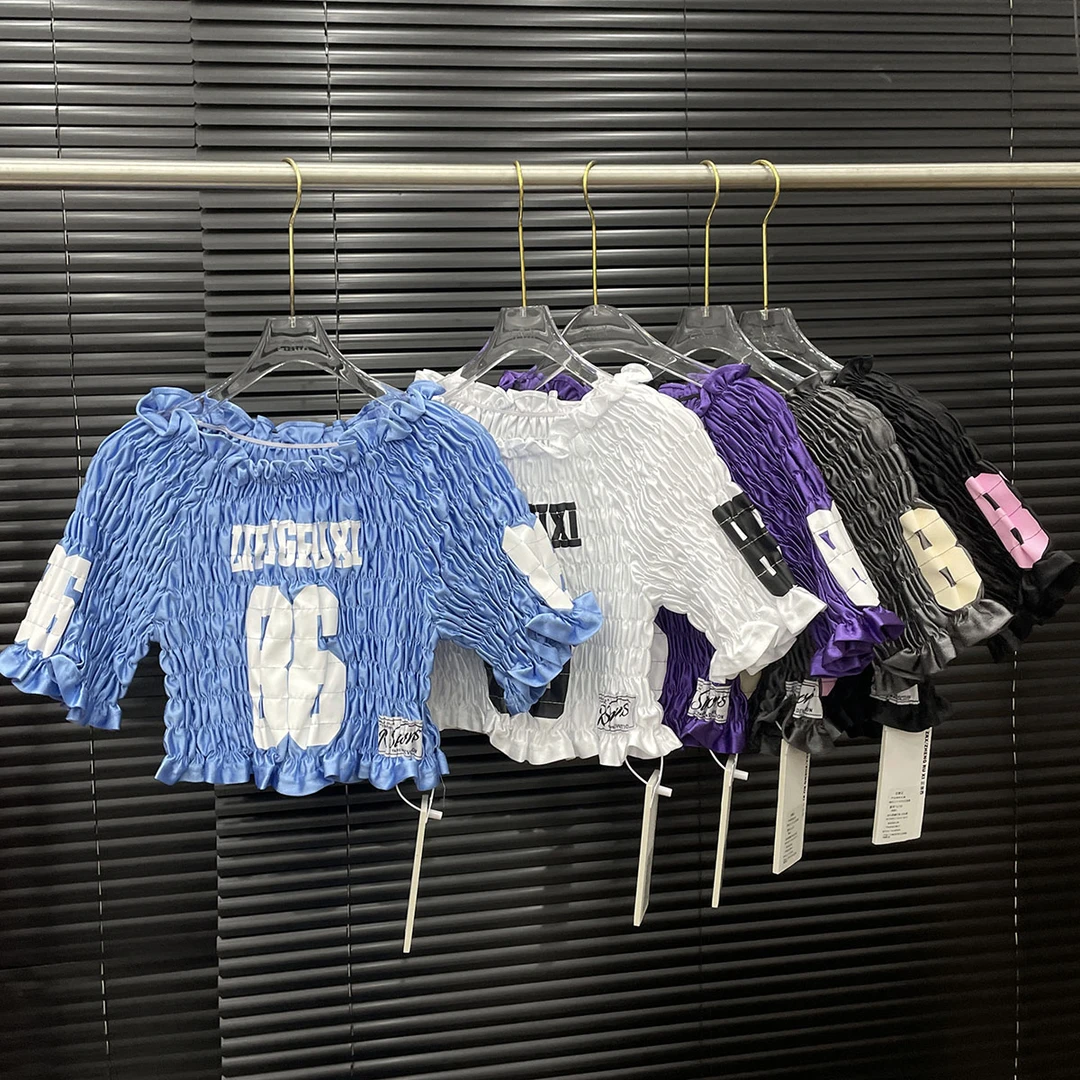 付新博女装褶皱弹力T恤女小众设计感辣妹短款印花短袖上衣14730