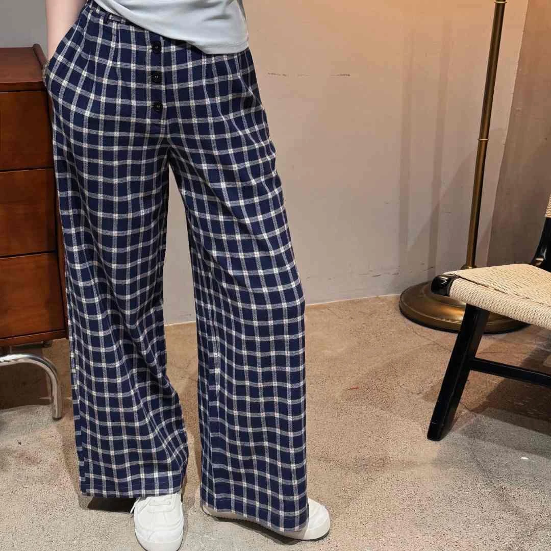 今婷韩系春夏季百搭慵懒风宽松半牛筋腰格子休闲长裤女-X25201302