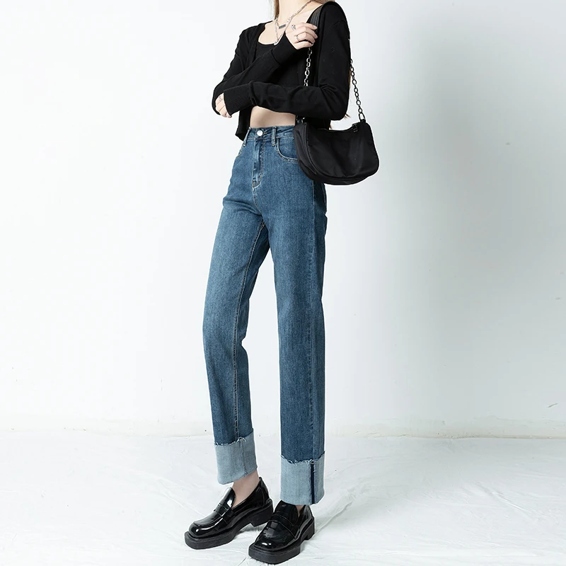 【月色渐浓】百搭直筒翻边弹力牛仔裤