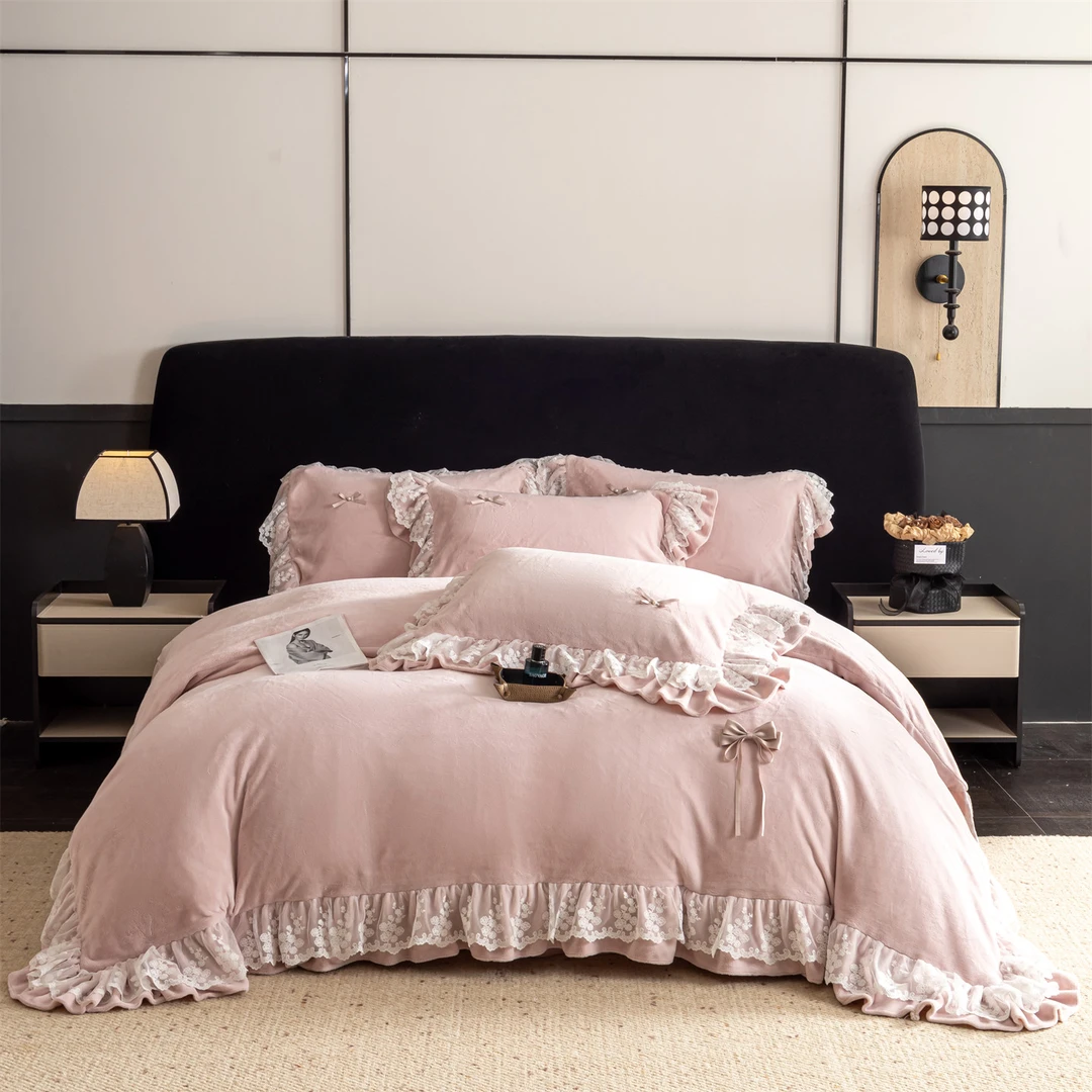 甜梦粉花边牛奶绒四件套加绒冬季加厚保暖床盖床上被套床单三件套
