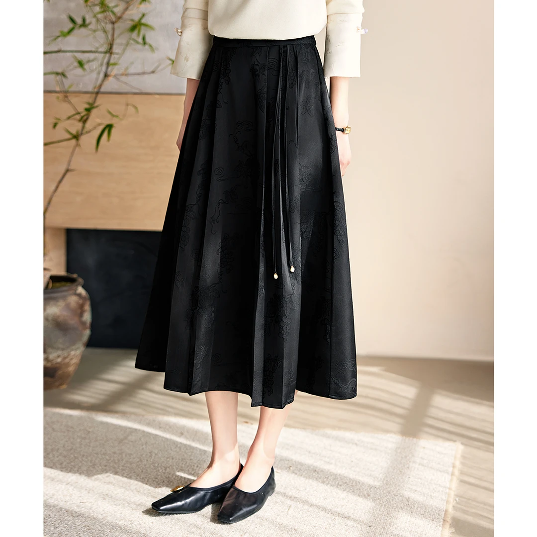 XWI/欣未【江南】2025夏新款缎面提花压褶气质优雅国风半身裙3401