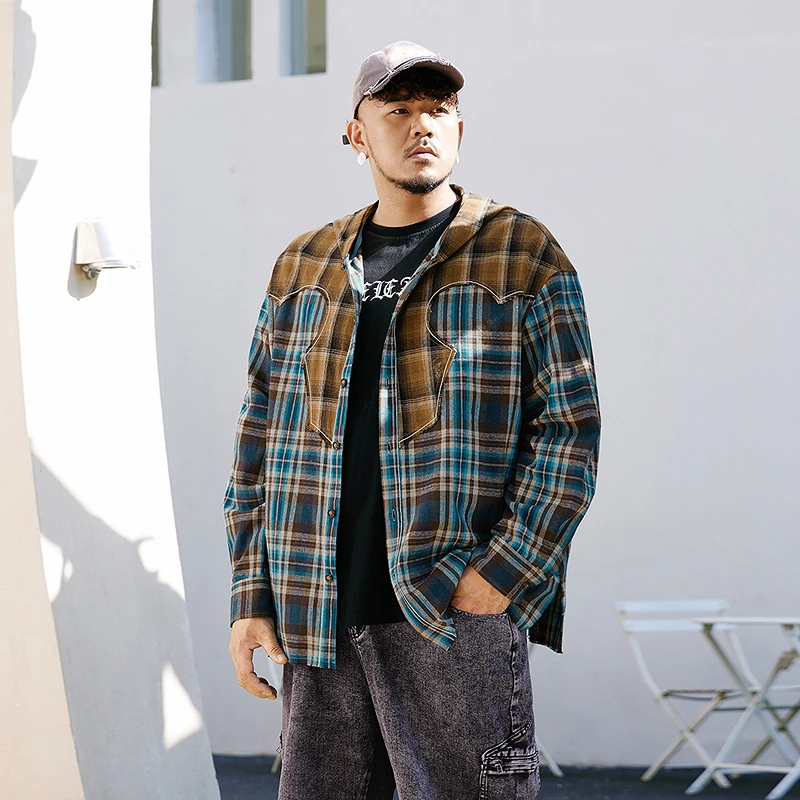 NMAX大码潮牌男装25春撞色线绣花上衣格纹毛边拼接长袖衬衫FNC012