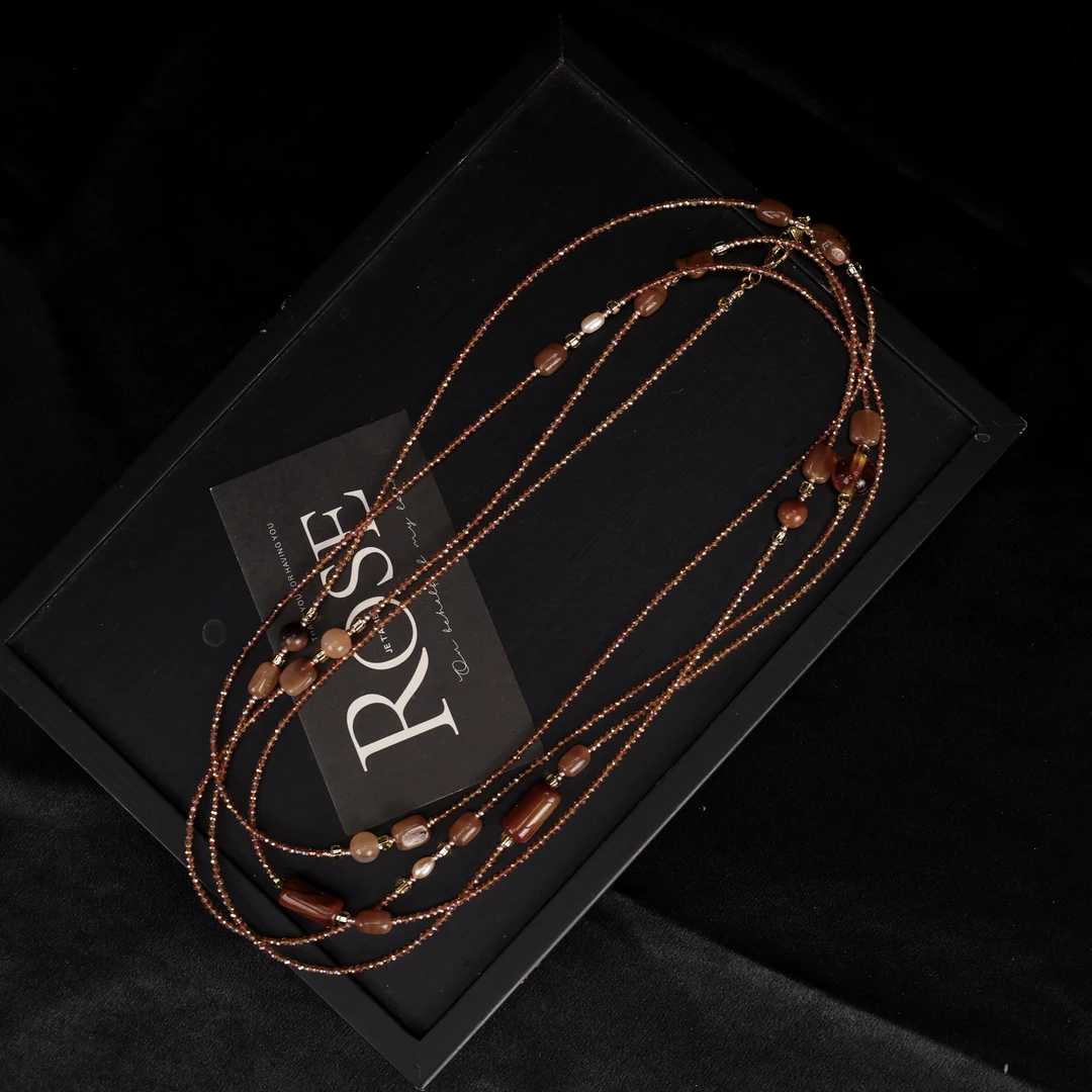 LZ3852天然玛瑙胡桃色方块东方红珍珠超细多层手链项链11.29