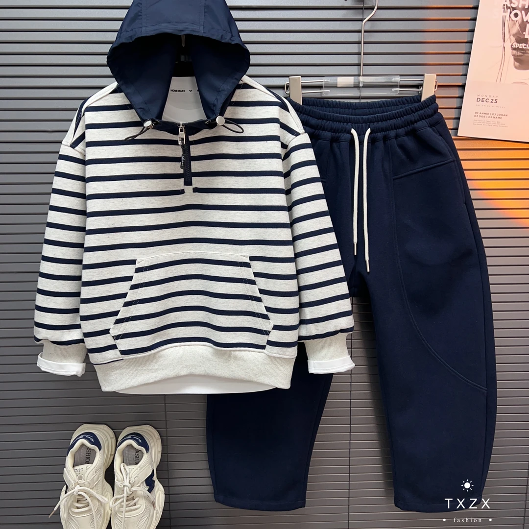 TX-25SCY19春季新款中大童亲子美式复古条纹连帽卫衣潮酷弯刀卫裤