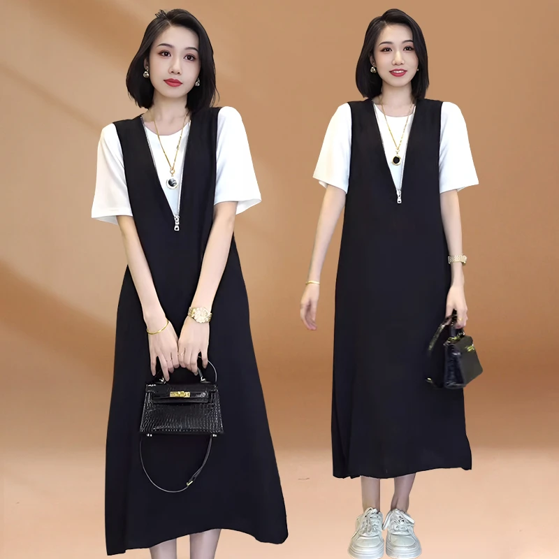大码通勤百搭V领背带裙两件套女2025新款微胖MM宽松显瘦短袖套装