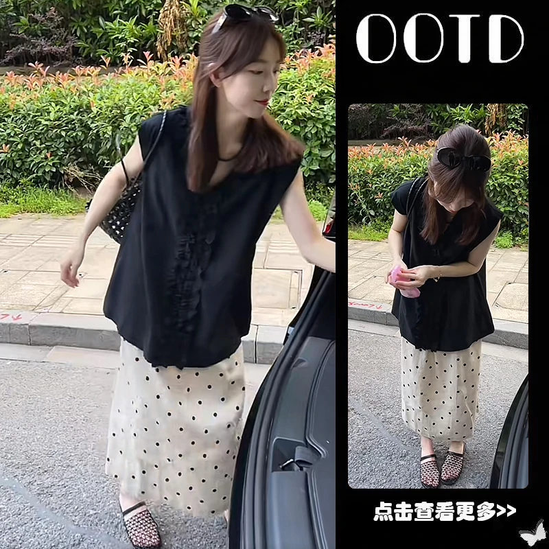 超火夏季穿搭一整套女2025新款黑色花边无袖衬衫高腰半身裙两件套