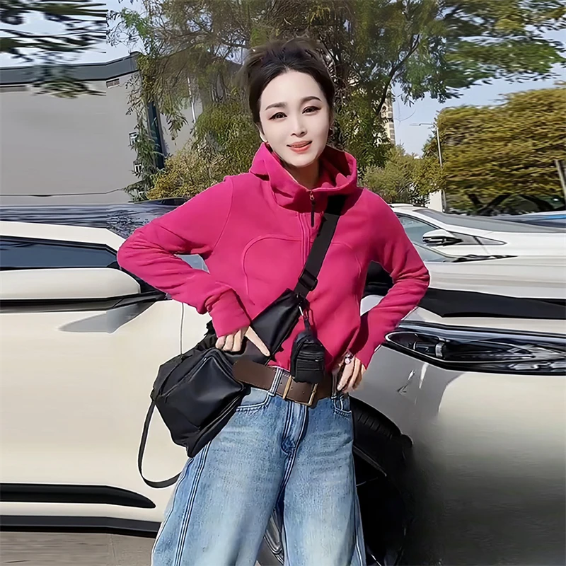 简约休闲连帽纯色德绒拉链卫衣女2025春季新款设计感洋气轻奢外套