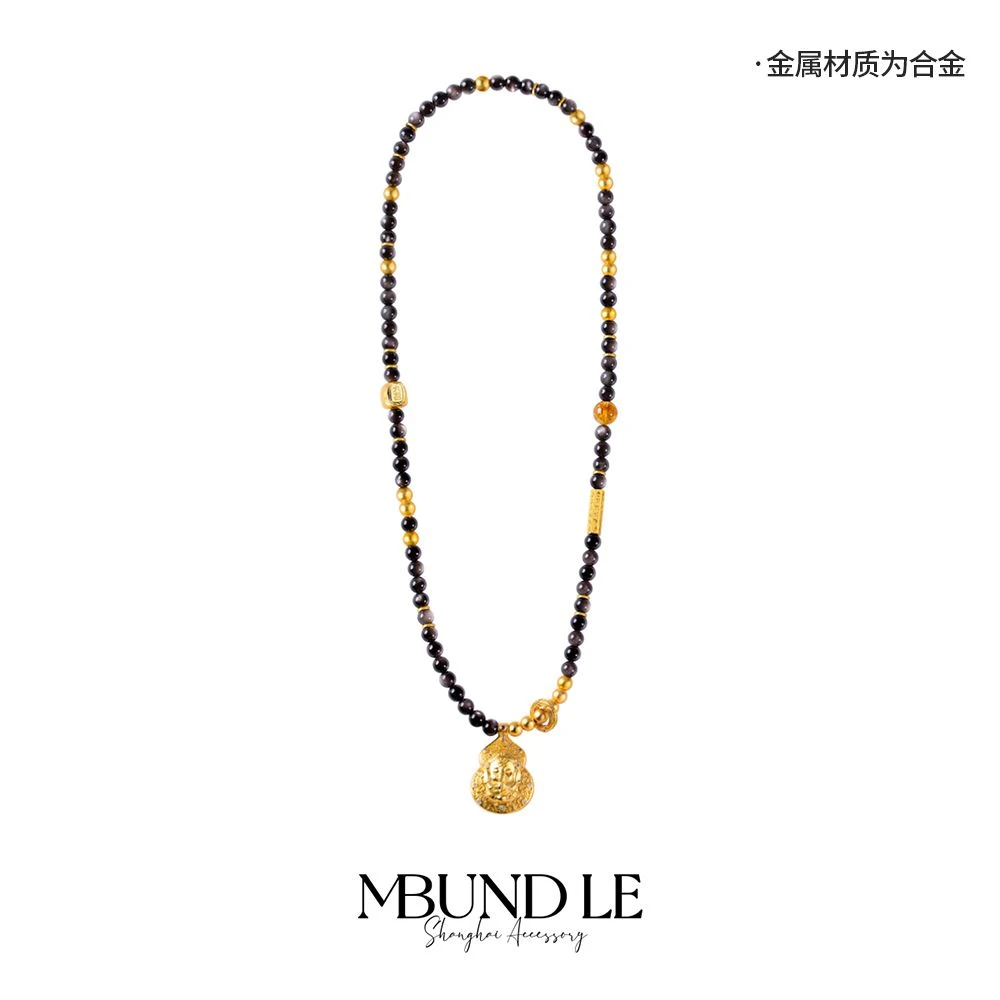 摩邦珠宝金色象吊坠长款黑曜石珠珠项链