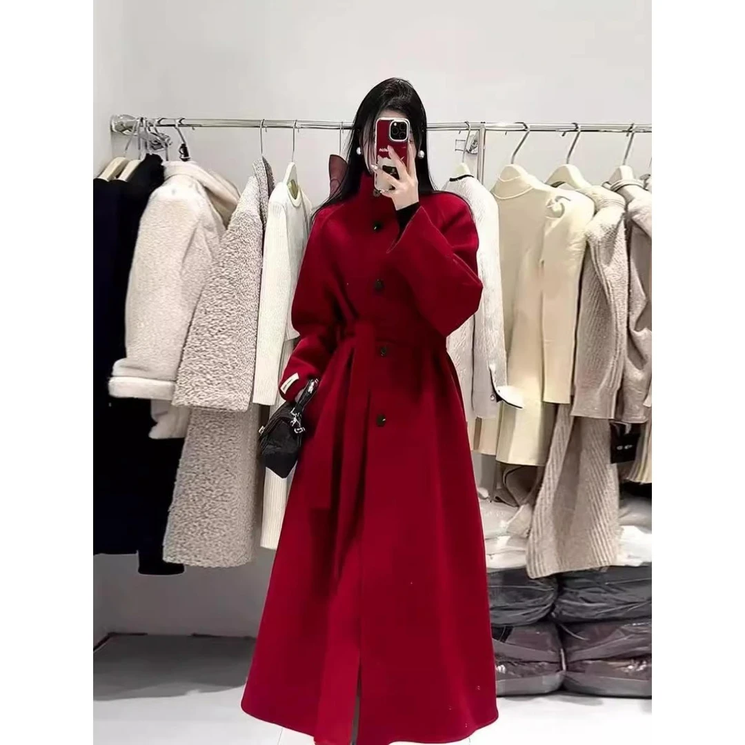高端红色立领新款双面外套女式中长2025秋冬系带外套大衣高级冬款