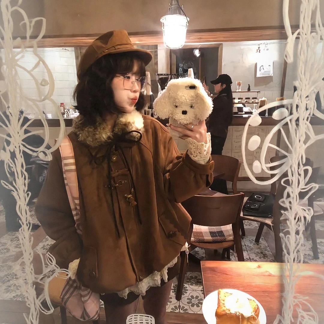 “日杂感叠穿”毛毛领vintage感花夹棉苞外套小个子高级感机车夹克