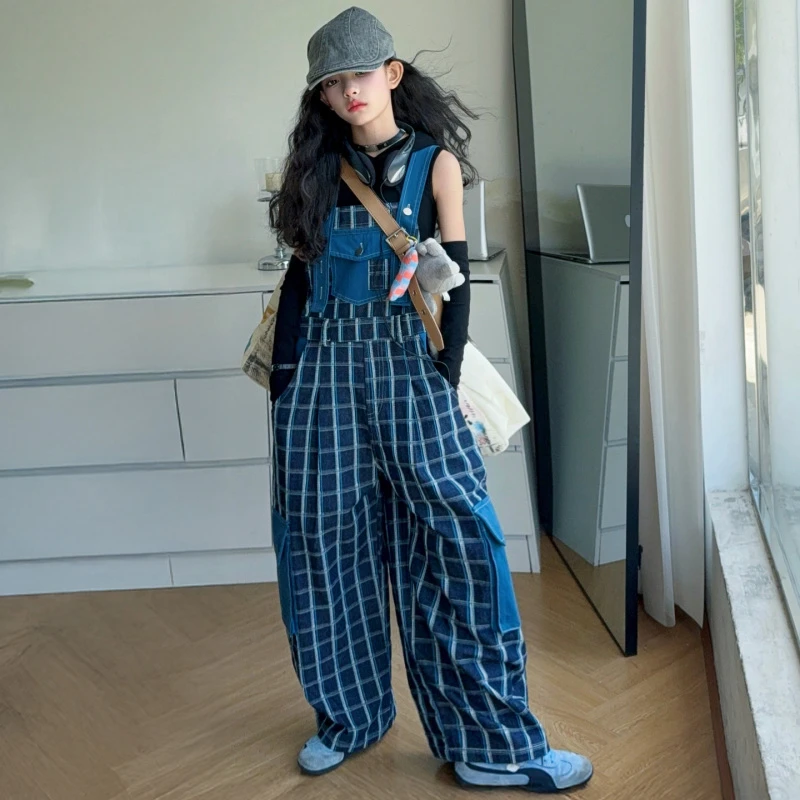 女童格子背带裤套装2025春秋新款袖套连帽背心工装连体裤两件套