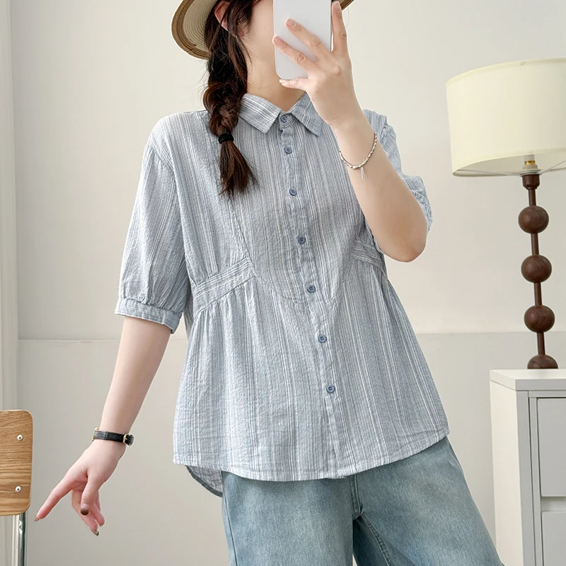 复古法式高腰线收腰显瘦气质衬衫上衣蓝条纹时尚经典百搭薄款衬衣