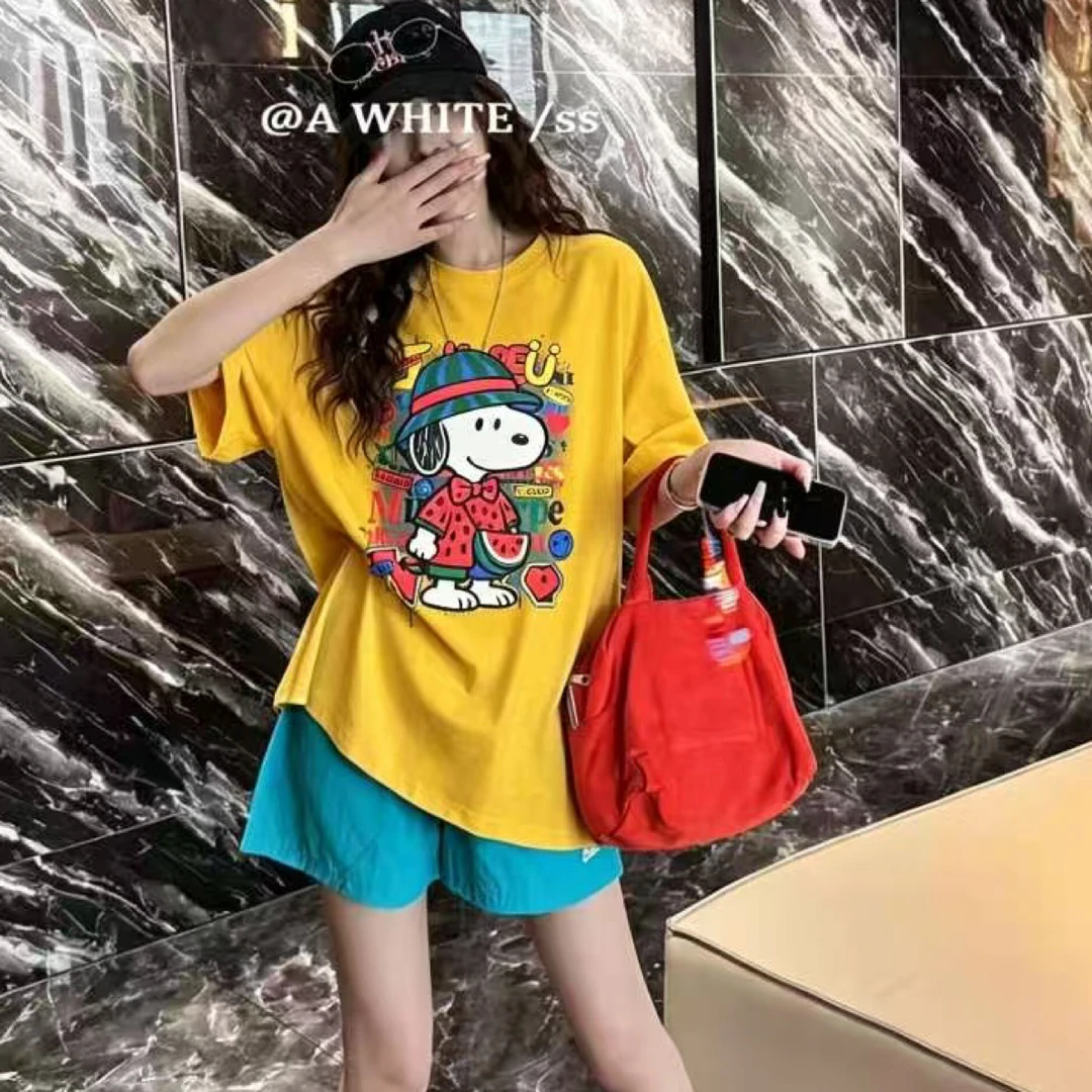 8352潮流美式卡通史努比印花短袖宽松慵懒洋气