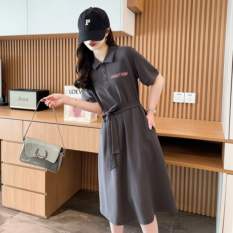 设计感收腰显瘦连衣裙夏季时尚减龄洋气宽松休闲长款翻领短袖裙子