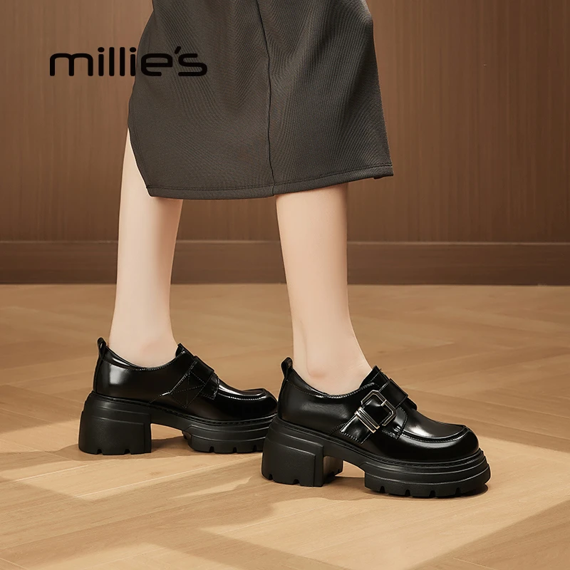 MILLIE S/妙丽时尚加绒乐福鞋女秋冬新款百搭厚底粗跟深口单鞋