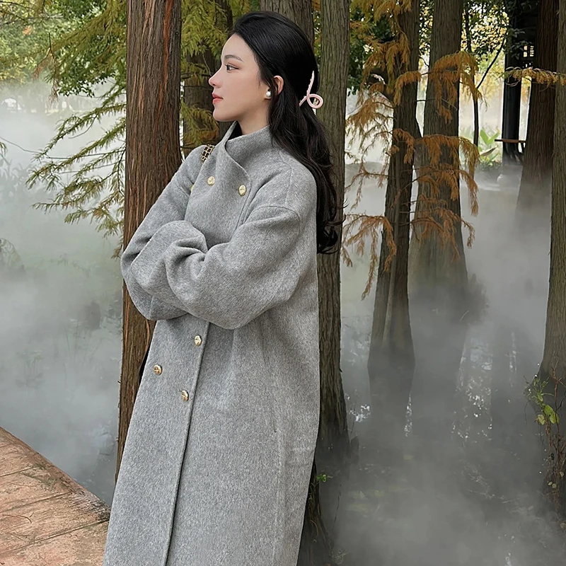 韩版千金风中长款灰色毛呢外套女秋冬季小个子双面绒呢子大衣显瘦