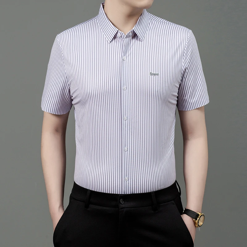 卡尔皮诺7597夏季冰丝亚麻条纹男士免烫竖条纹衬衫修身高档衬衣