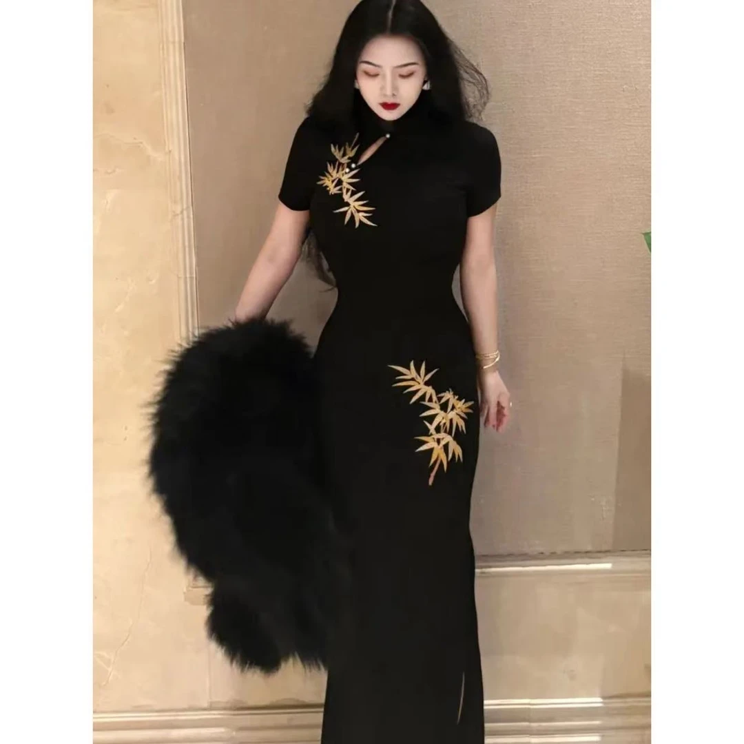 【C04】22025春季新中式黑色连衣裙国风改良气质优雅旗袍