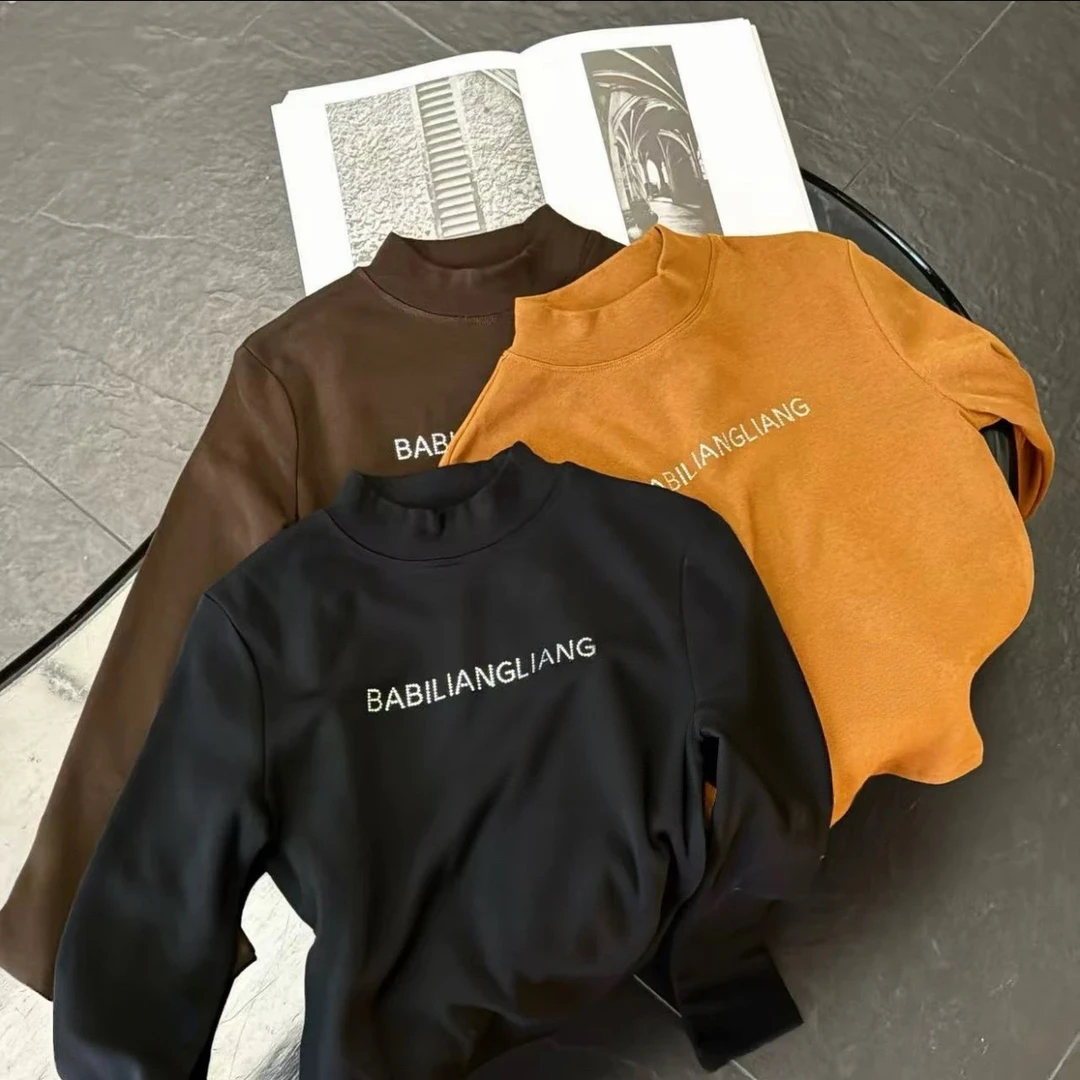 磨毛绒烫钻字母半领长袖T恤女2025冬季新款ins风显瘦百搭气质上衣