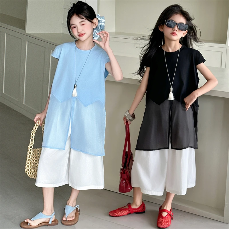 女童夏季套装2025新款洋气中大童中长款网纱拼接短袖t恤夏装儿童