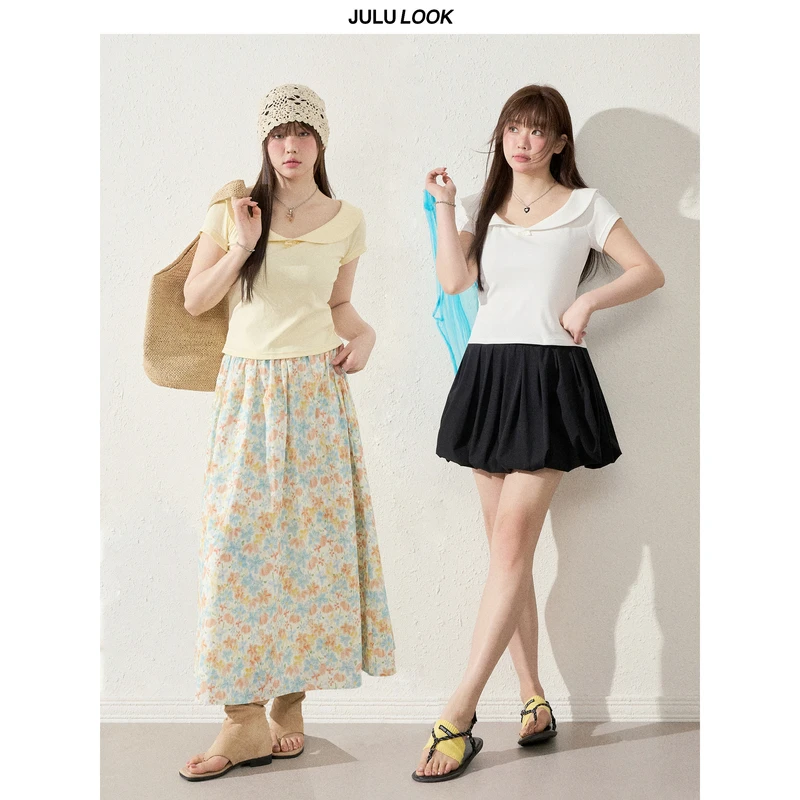 巨鹿工作室“雏菊夏日阳光”微胖mm甜美百搭娃娃领短袖t大码上衣