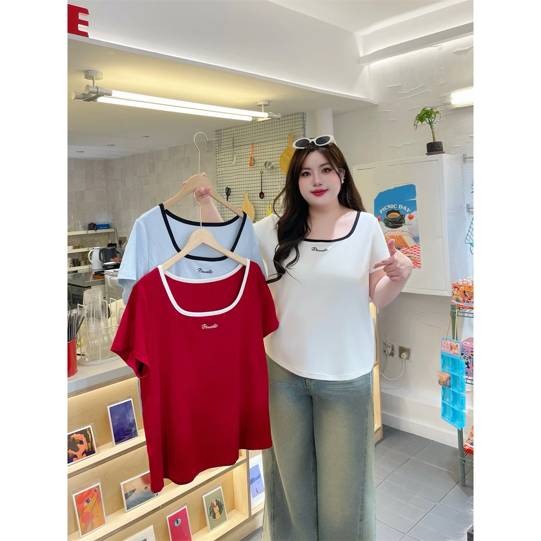 诺曼潮汐 / 莫代尔方领短袖T恤14385花契大码200斤胖mm夏季时尚