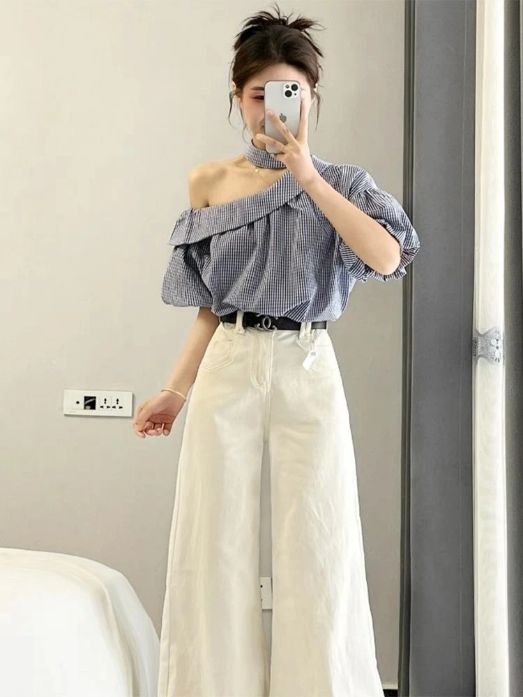 2025夏季新款法式气质职场通勤穿搭格纹斜肩衬衫高腰阔腿裤两件套